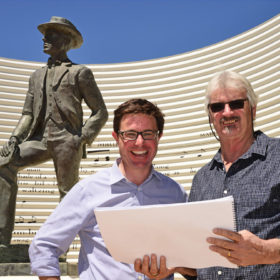 David and Winton Shire Council Mayor Butch Lenton celebrate the Coalition Government’s $8 million contribution – through Round Three of the National Stronger Regions Fund – to rebuild the iconic Waltzing Matilda Centre after it was destroyed by fire